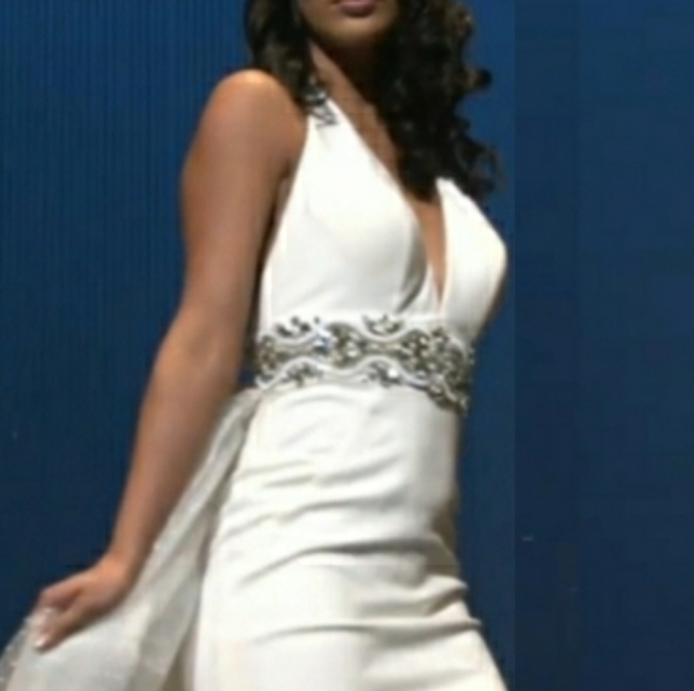 Macduggal white halter gown with skirt overlay